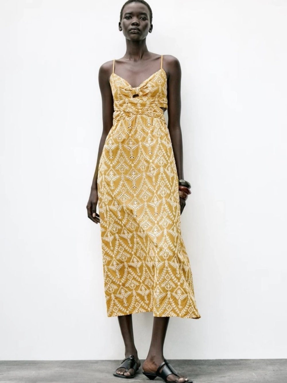 Mustard Yellow Embroidered Midi Dress